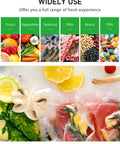 Packaging with sealed bags of fruits, vegetables, seafood, ribs, beans, and pills showing versatility of Two Rolls 8 Inch By 50 Foot Vacuum Sealer Bags For Storage, Meal Prep And Sous Vide, BPA Free, Puncture-Resistant, Commercial Grade With Embossed Dots For Stronger Seal And Longer Freshness.