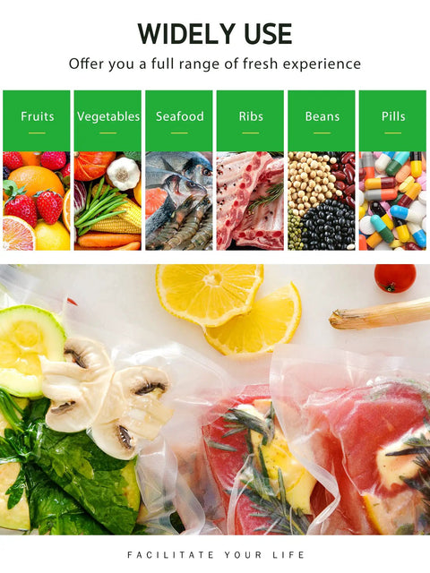 Packaging with sealed bags of fruits, vegetables, seafood, ribs, beans, and pills showing versatility of Two Rolls 8 Inch By 50 Foot Vacuum Sealer Bags For Storage, Meal Prep And Sous Vide, BPA Free, Puncture-Resistant, Commercial Grade With Embossed Dots For Stronger Seal And Longer Freshness.