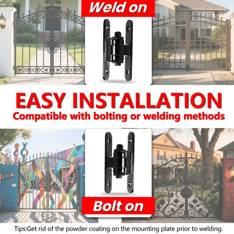 2 Pack Beefy Heavy Duty Outdoor Gate Hinges With Sealed Bearings Bolt On Design For Large Heavy Driveway Gates Adjustable Yoke Pivot For A Perfect Fit Supports Up To 1100 Lbs Type C, black steel gate hinge, weld-on or bolt-on