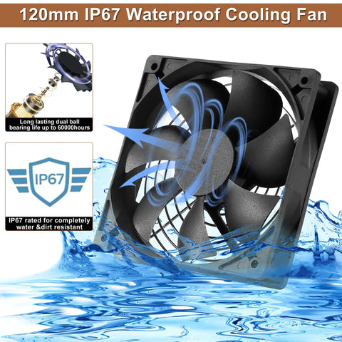 Two Pack IP67 Waterproof Silent 12V DC Cooling Fans 120mm by 25mm, 4.72 Inch High Speed 3000 RPM Dual Ball Bearing Exhaust Fans