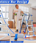 Heavy Duty Multi Position Telescoping Ladder With Smooth Roll Wheels 14 Ft Reach Up High 5 In 1 Workhorse Secure Locking Clamps image showing stability features and use.