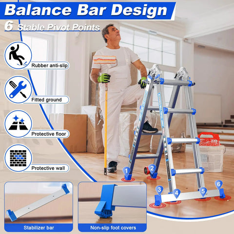 Heavy Duty Multi Position Telescoping Ladder With Smooth Roll Wheels 14 Ft Reach Up High 5 In 1 Workhorse Secure Locking Clamps image showing stability features and use.