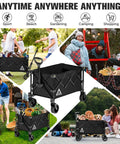 Image of All Terrain Collapsible Wagon Cart With Wheels For Beach Garden Shopping Groceries Camping And Outdoor Hauls Large Capacity Folding Utility Cart With Sturdy Steel Frame Easy Fold Black in various outdoor settings including garden, park, and camping site.