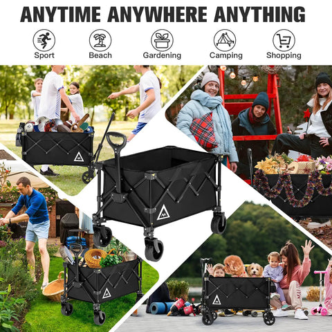 Image of All Terrain Collapsible Wagon Cart With Wheels For Beach Garden Shopping Groceries Camping And Outdoor Hauls Large Capacity Folding Utility Cart With Sturdy Steel Frame Easy Fold Black in various outdoor settings including garden, park, and camping site.