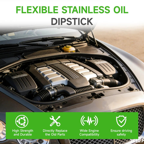 Car engine bay featuring flexible stainless oil dipstick showing ease of replacement and durable braided design for LS engines.