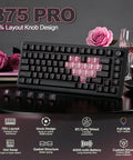 Pro Level 75 Percent Wireless Mechanical Keyboard Featuring Gasket Mount Design Multimedia Control Knob Hot Swap Slots Snappy Switch Responses Late Night Grind Setup on a stylish desk with roses.