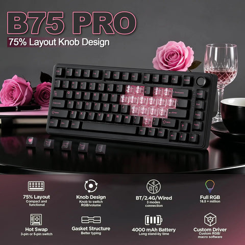 Pro Level 75 Percent Wireless Mechanical Keyboard Featuring Gasket Mount Design Multimedia Control Knob Hot Swap Slots Snappy Switch Responses Late Night Grind Setup on a stylish desk with roses.