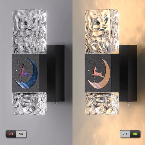 Rechargeable Wireless Wall Sconce With Remote Control And 10000mAh Battery, Sleek Dimmable LED Wall Light With Crystal Ripple Shade And Deer Design in on and off mode.