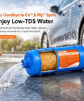 Inline deionized water filter delivers a zero fuss spot free dry for trucks, RVs, boats, and windows every single wash.