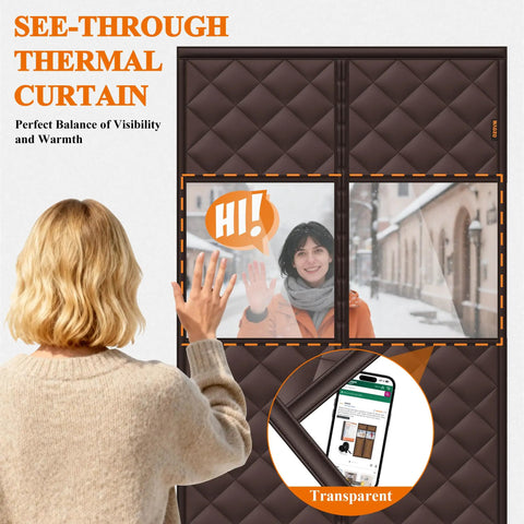 Woman waving through Magnetic Thermal Door Curtain With Perspective Window 36 By 80 Inches Oxford Fabric Draft Busting Insulation