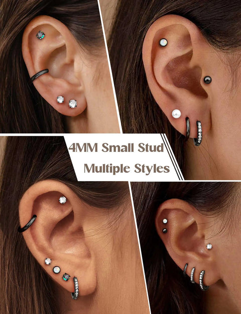 Flat Back Hypoallergenic Black Earrings For Women Made From 316L Stainless Steel Allergy Safe Nickel Free Lead Free No Irritation No Tarnish No Rust Vacuum Plated For Sensitive Ears Stackable Everyday Wear, 4mm stud set