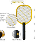 Next Level Handheld Bug Zapper Racket With Batteries Included, Safe Three Layer Mesh, black handle, yellow button, yellow frame