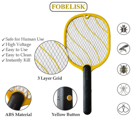 Next Level Handheld Bug Zapper Racket With Batteries Included, Safe Three Layer Mesh, black handle, yellow button, yellow frame