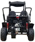 Rear view of Mid XRX Deluxe Go Kart Buggy with full roll cage, safety harness, dual seats, cargo rack, black, 212cc engine