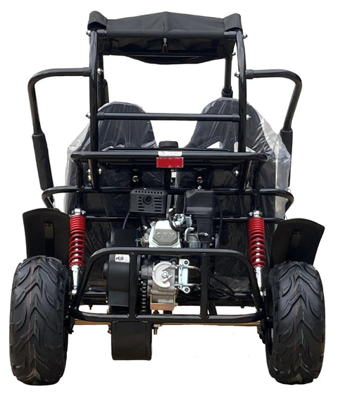 Rear view of Mid XRX Deluxe Go Kart Buggy with full roll cage, safety harness, dual seats, cargo rack, black, 212cc engine