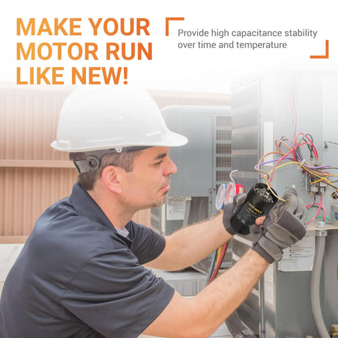 Technician installing Beefy 88 To 108uF 330V Round Motor Start Capacitor for AC motors in HVAC system