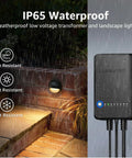 All-In-One Low Voltage Deck Lighting Kit With 60W Transformer shown waterproof in rain, highlighting rain resistance.