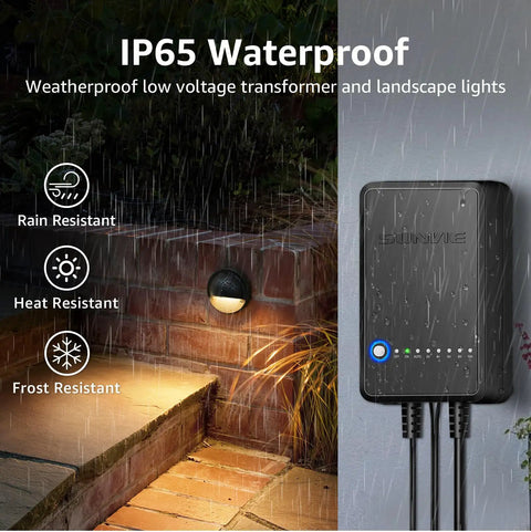 All-In-One Low Voltage Deck Lighting Kit With 60W Transformer shown waterproof in rain, highlighting rain resistance.