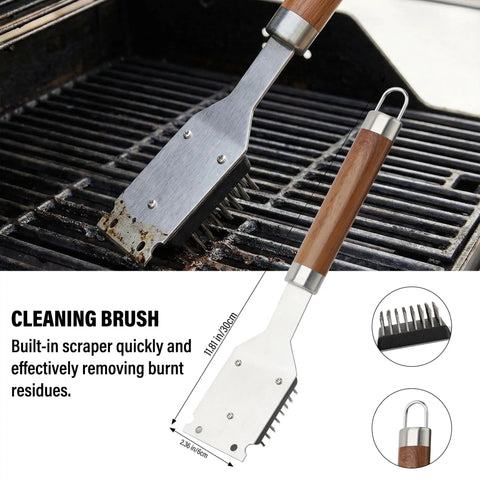 Complete 5 Piece BBQ Grill Tool Set With Spatula Fork Tongs Basting Brush And Cleaning Brush For Outdoor Grilling Durable Wood Handle Utensils Gift For Men Dad Him featuring cleaning brush with wood handle and stainless scraper on grill