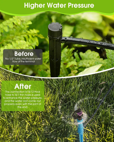 Automatic Lawn Sprinkler System With 32.8Ft 8 to 12 Tubing And 16.4Ft 4 to 7 Tubing Kit showing improved water pressure.