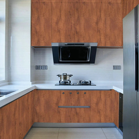 Modern kitchen cabinets covered with 17.7 Inch Wide 394 Inch Long Walnut Wood Grain Contact Paper Peel And Stick Self Adhesive Wallpaper.