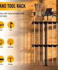 Beefy Trailer Tool Rack Shovel Holder With Six Tool Holes And Rubber Grommets displayed with hand tools against brick wall