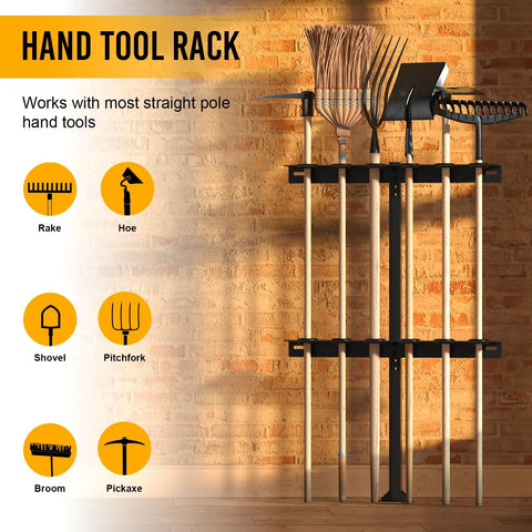Beefy Trailer Tool Rack Shovel Holder With Six Tool Holes And Rubber Grommets displayed with hand tools against brick wall