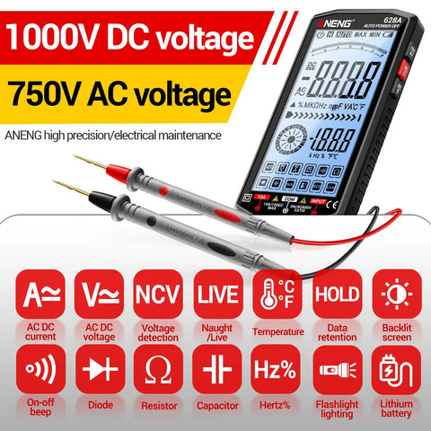 Rechargeable Digital Multimeter With Large Backlit Display And Auto Ranging for 1000V DC and 750V AC voltage testing with probes