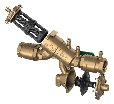 Pro Trade 1 1/2 Inch Bronze Reduced Pressure Principle Backflow Preventer Featuring Ezswap Modular Check, showing detailed assembly components.