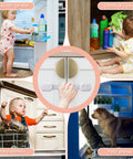 Children and pets in kitchen using Kid Safe Safety Strap Locks for fridge, cabinets and dishwasher, easy install