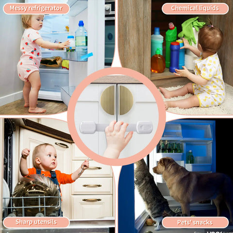 Children and pets in kitchen using Kid Safe Safety Strap Locks for fridge, cabinets and dishwasher, easy install