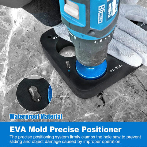 Diamond Core Drill Bits Kit 10 Pcs Serrated Tile Core Bits With EVA Guide Jig for precise drilling on marble surface.