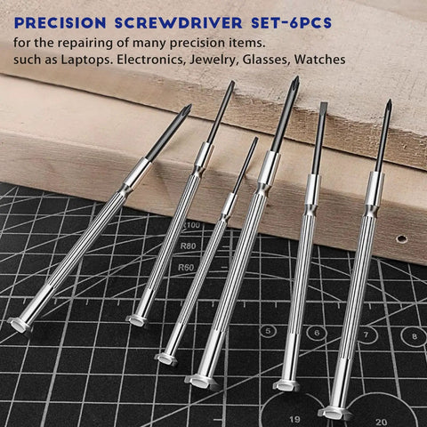 Top Shelf Precision Screwdriver Set Featuring Flathead And Phillips Bits For No Sweat Electronics Repairs On Laptops Phones Watches Cameras And Tiny Tech Gadgets. Set of 6 precision screwdrivers on a work surface.