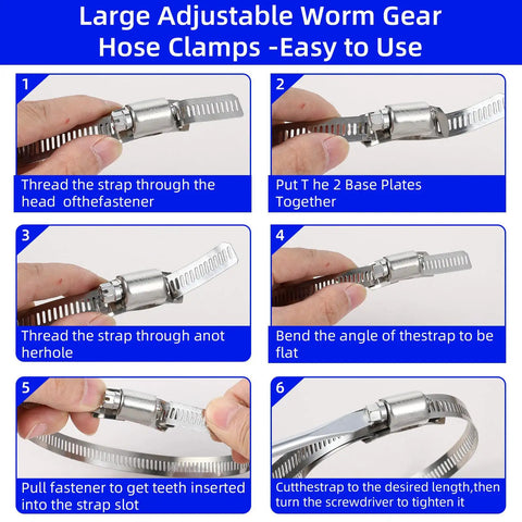 Instructional steps for using 32.8Ft Metal Strap With 24 Stainless Steel Hose Clamps Kit For DIY Cut To Fit Adjustable Worm Gear Band Clamps Fits Pipe Duct Tube Fuel Line And More Today