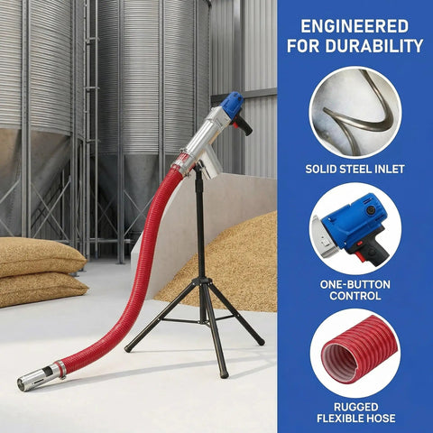 Portable Grain Suction Auger Pump Workhorse For Cement Fertilizer And Gravel With High Efficiency Screw Conveyor And Stainless Steel Feed Inlet 237In Length Easy To Use For Home And Small Vehicle Use with red hose on tripod