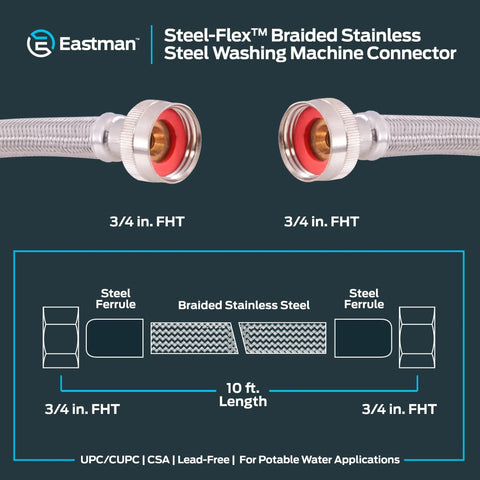 10 Foot Washing Machine Hose Connector With 3/4 In FHT X 3/4 In FHT Ends, Braided Stainless Steel Line diagram and details