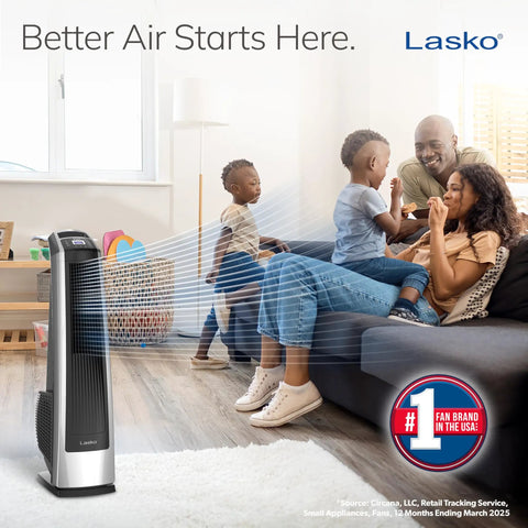Family enjoying cool comfort from High Velocity Oscillating Tower Fan with Remote Timer and 3 Speed Settings in living room.