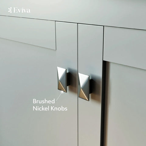 Brushed nickel knobs on gray cabinet doors of the Kickstart Your Reno With This Legit 84 Inch Gray Double Sink Bathroom Vanity.