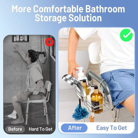 Comparison of shower setup, showcasing Sturdy 304 Stainless Steel Shower Caddy Hanging Organizer for Shower Chairs and Benches Designed for Elderly Seniors and Disabled Bath Time Use No Fuss Easy Install Rustproof Water Resistant Keeps Toiletries Within Reach in the Shower.