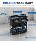 Rolling Tool Cart With Drawers And Pegboard, Heavy Duty Utility Cart On Wheels For Garage And Warehouse, Industrial Mechanic Cart With Three Tier Tool Storage, Tough Steel Build, Black Finish with top tray, drawer, pegboard