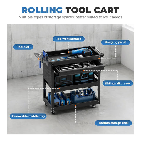 Rolling Tool Cart With Drawers And Pegboard, Heavy Duty Utility Cart On Wheels For Garage And Warehouse, Industrial Mechanic Cart With Three Tier Tool Storage, Tough Steel Build, Black Finish with top tray, drawer, pegboard