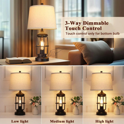 23 Inch Rustic Industrial Table Lamps Set Of 2 With USB A And C Ports showing 3-way dimmable touch control in living room setting