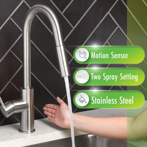 Touchless Kitchen Faucet with Pull Down Sprayer Motion Sensor High Arc Spout Switchable Stream And Spray One Point Eight GPM Flow Easy Fit