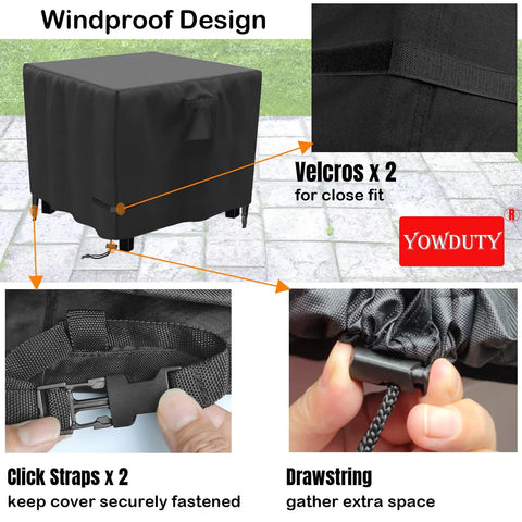 Square 30 Inch Propane Fire Pit Cover Tough As Nails Waterproof 600D with windproof design, click straps, and drawstring adjustment.