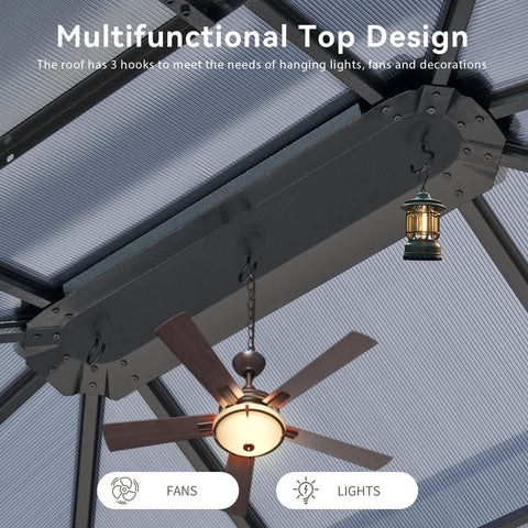 Interior view of 10x12 Ft Hardtop Aluminum Gazebo with ceiling hooks for hanging lights and fans, double polycarbonate roof visible.