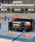 Heavy Duty Bench Sharpener for Mower Blades Has 750W Motor at 1700 RPM shows three steps for sharpening mower blades with clear visuals.