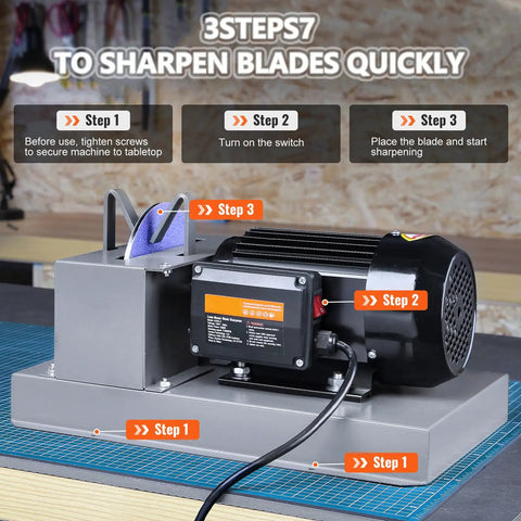 Tough As Nails Electric Lawn Mower Blade Sharpener With Dual Zirconium Grinding Wheels showing steps for use with clear labels.