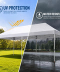 Pop Up Canopy Tent 10x20 Instant Outdoor Shelter for Parties and Weddings displaying UV protection and water resistance features.