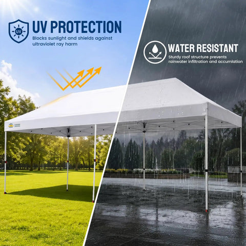 Pop Up Canopy Tent 10x20 Instant Outdoor Shelter for Parties and Weddings displaying UV protection and water resistance features.