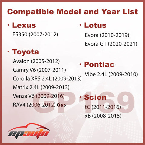 Compatible models and years list for Engine Air Filter Replacement For Toyota Camry V6 Avalon RAV4 Matrix Venza Corolla XRS Scion tC xB Lexus ES350 Pontiac Vibe 2.4L Fits Select Models 2005 To 2016 Easy Installation And Reliable Filtration For Better Gas Mileage.